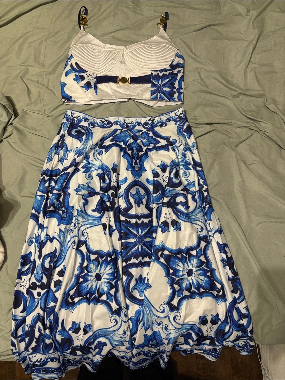 Blue and White Printed A-Line Skirt - Women